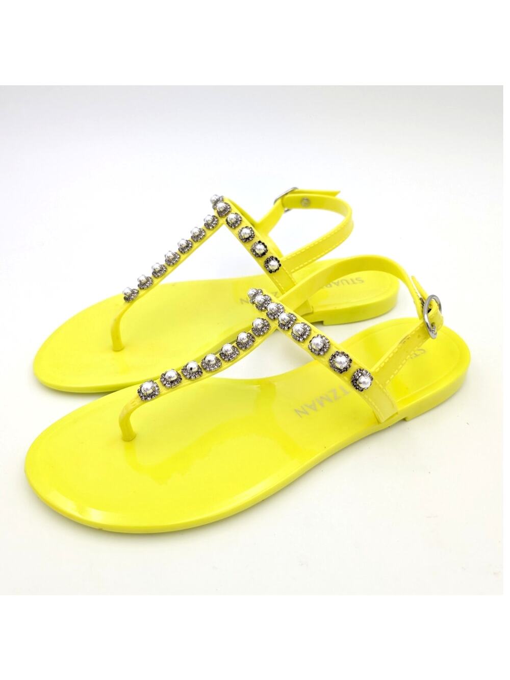 Stuart Weitzman Goldie Pearl Crystal Women's Jelly Thong Sandals Yellow Sz US7B